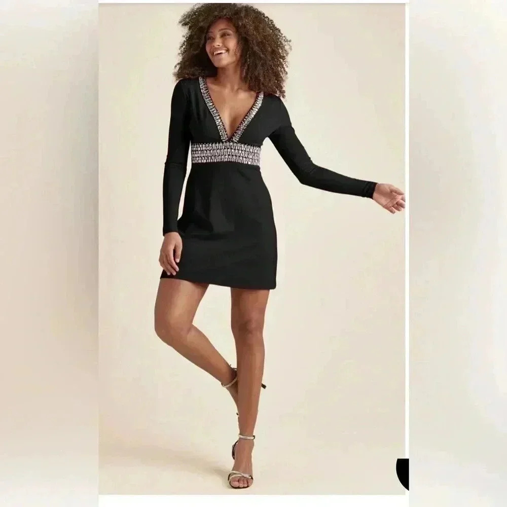 Women’s deep V embellished rhinestone dress with long sleeves